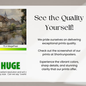 Pu&ograve; includere: Immagine promozionale con il testo "See the Quality Yourself!" e un dipinto di paesaggio di un villaggio europeo. L'immagine include anche il testo "HUGE" e "75.4 MegaPixel". L'immagine promuove un'eccezionale qualit&agrave; di stampa.