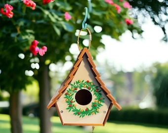 Wreath birdhouse with berries and copper colored roof - 3d printed house for birds - Free US Shipping Yard Art