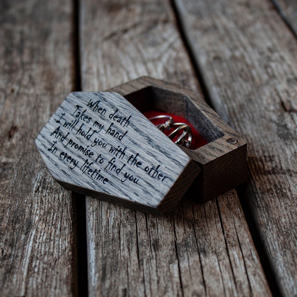 Dark Oak Coffin Ring Box with Velvet Holder - Elegant and Stylish Gothic Wedding Gift