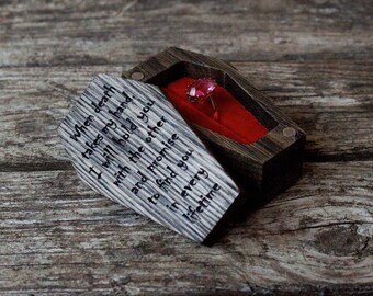 Custom Dark Oak Coffin Ring Box: Vintage Velvet Ring Holder