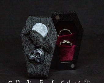 Gothic Coffin Ring Box: Raven, Moon, Skull - Black Oak & Velvet