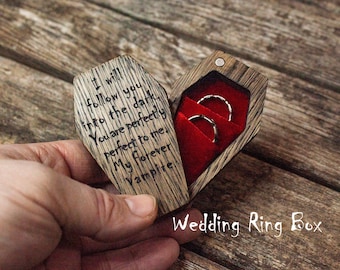 Gothic Coffin Ring Box: Engraved Wedding Vows, Velvet Holder