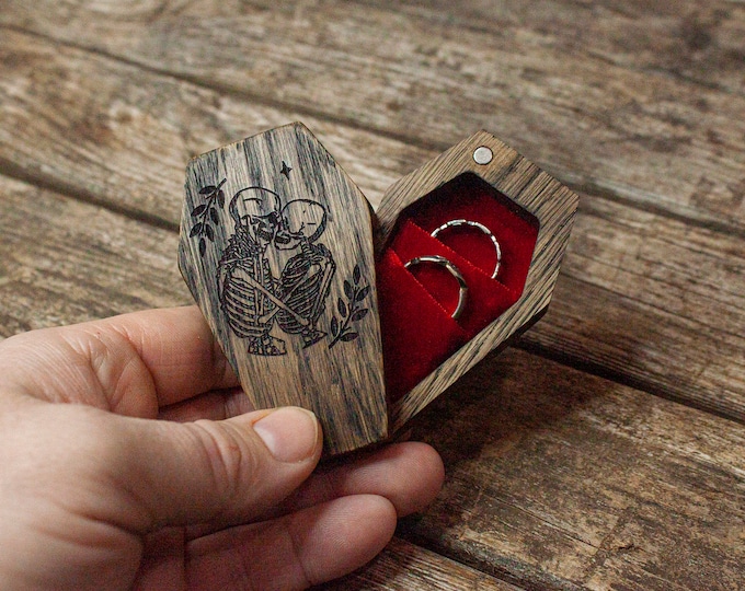 Gothic Oak Coffin Ring Box: Monogram Wedding Jewelry Organizer