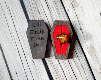 Personalized Burnt Wood Coffin Ring Box: Gothic Wedding Engagement