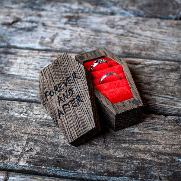 Brushed Coffin ring box red interior, Vintage Inspired Coffin Ring Jewelry Box Victorian Gothic, Custom Dark Oak Coffin Box