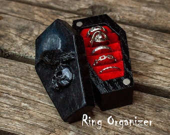 Engraved Coffin Ring Box: Unique Raven on Skull Design for Weddings. Jewellery Box Men Coffin.