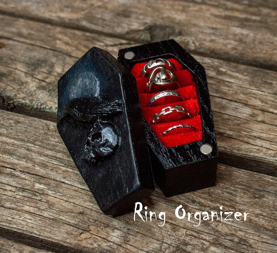 Engraved Coffin Ring Box: Raven & Skull Gothic Wedding Jewelry