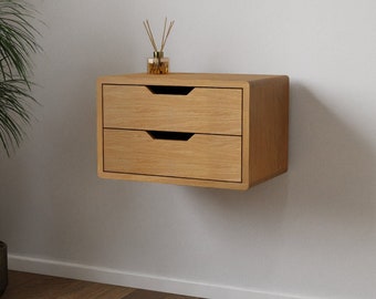 Bedside table with floating suspension made of solid oak wood | ALVA