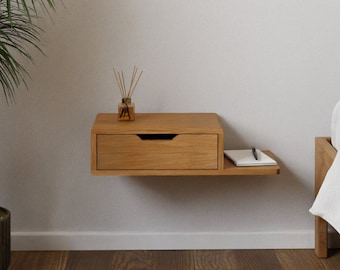 Floating bedside table with drawer and shelf made of solid oak | BODIL