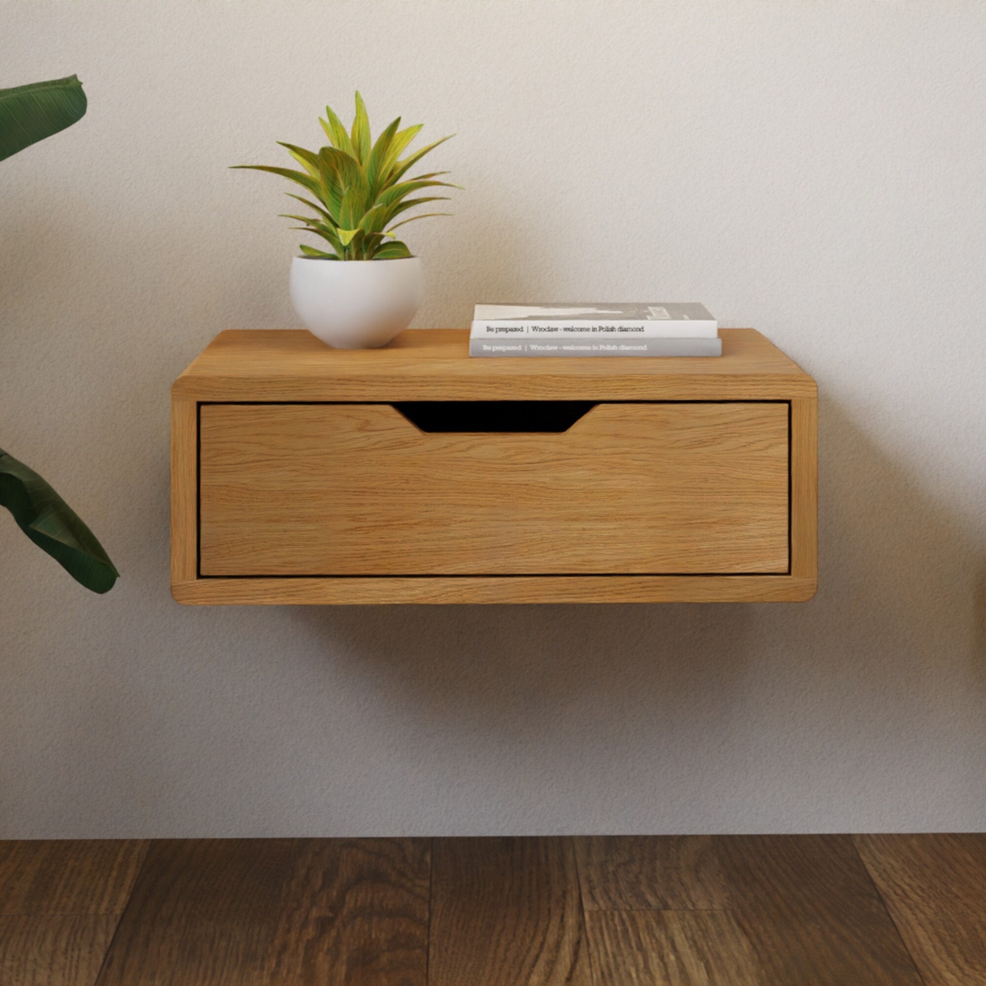 Table De Chevet Suspendue Avec Tiroir, Table Murale En Chêne Massif, Style Scandinave Japandi | Benka