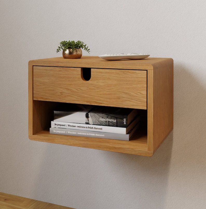 Bedside table with drawer and shelf floating made of oak ANDO image 2