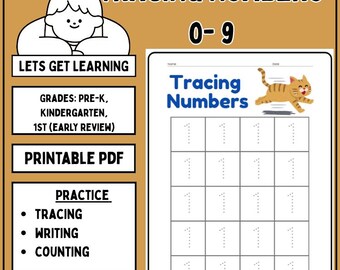 Puede incluir: Una hoja de trabajo en PDF imprimible para trazar los números del 0 al 9. La hoja de trabajo incluye el texto "Tracing Numbers" y un gato de dibujos animados. La hoja de trabajo está diseñada para estudiantes de preescolar, jardín de infancia y 1er grado.
