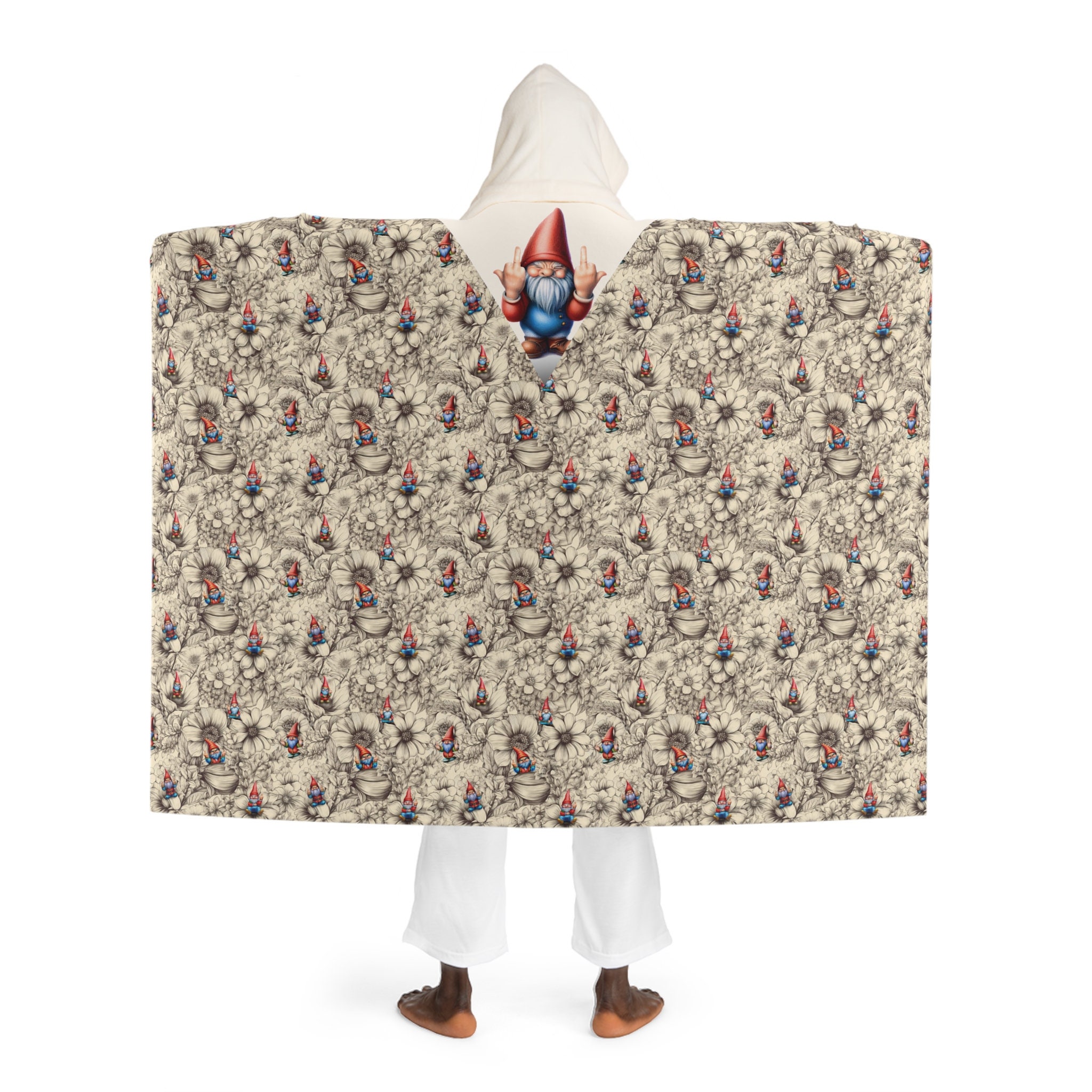 Angry Gnome Middle Finger Hooded Sherpa Fleece Blanket for Gnome Lovers