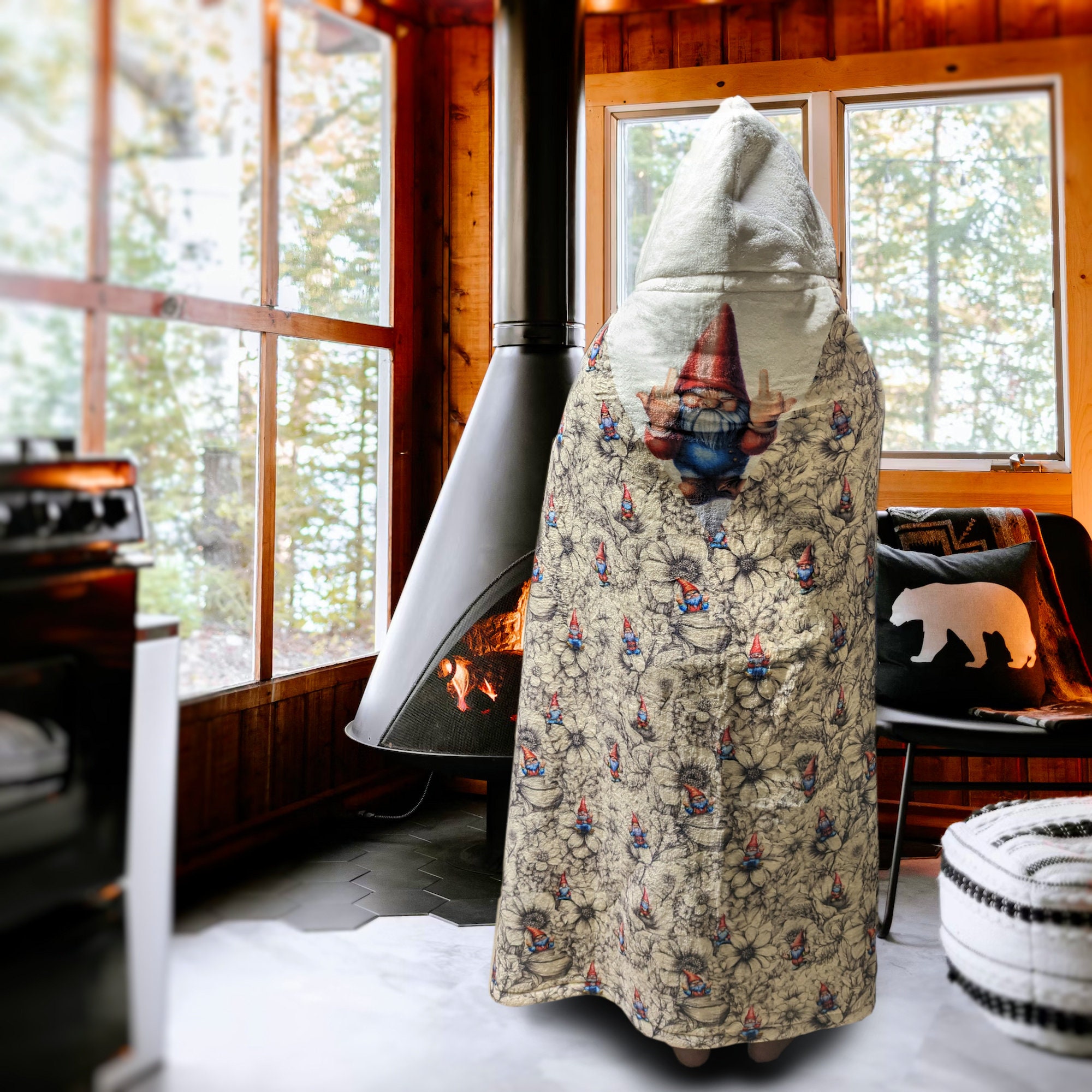 Angry Gnome Middle Finger Hooded Sherpa Fleece Blanket for Gnome Lovers