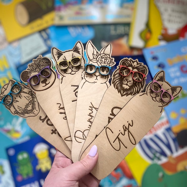 Personalised Wooden Animal Bookmark With Fun Coloured Glasses, Kids Bookmark, Cute Bookworm, Customised, Funny Book Lover, Children’s Gift