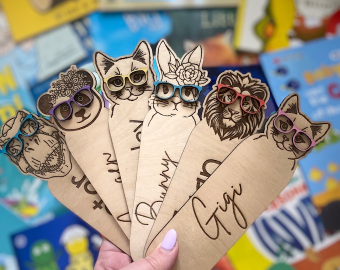 Personalised Wooden Animal Bookmark With Fun Coloured Glasses, Kids Bookmark, Cute Bookworm, Customised, Funny Book Lover, Children’s Gift