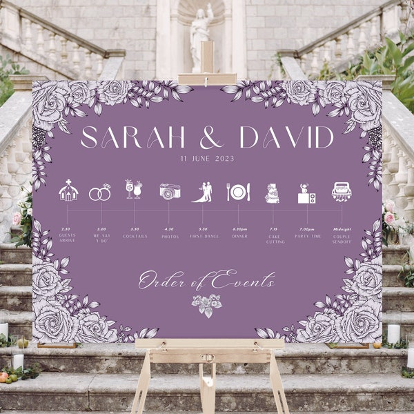 Wedding Weekend Itinerary Template Purple Wedding Timeline Poster Editable Wedding Weekend Timeline Sign DIY Wedding Itinerary Template