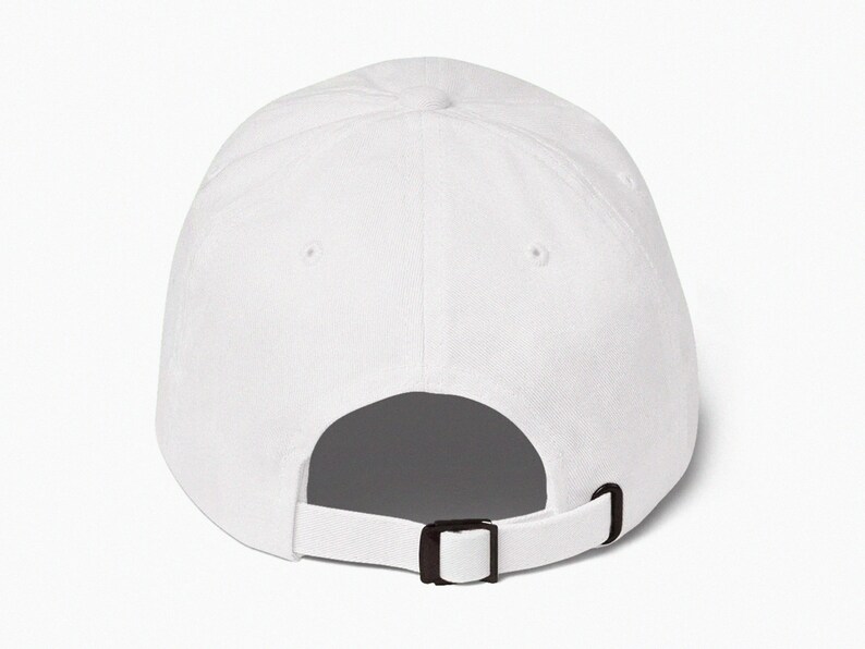 May include: A white baseball cap with a black adjustable strap in the back.