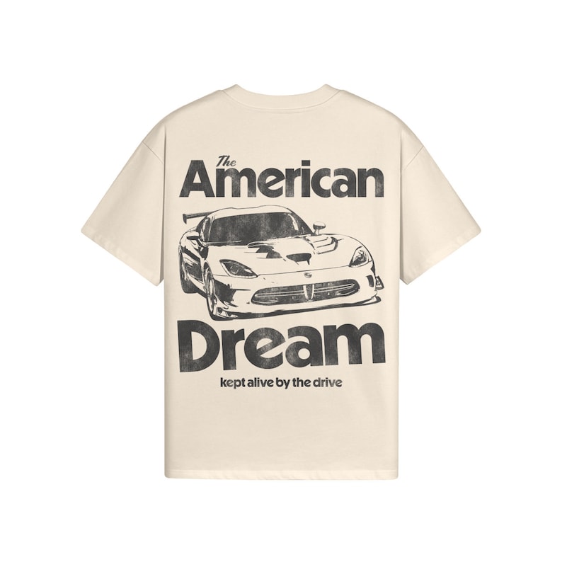 La camiseta del sueño americano, la camiseta Dodge Viper, la camisa del coche, la camisa de carreras, el coche de carreras, América Beige