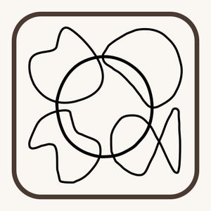 May include: A square icon with rounded corners featuring a dark brown border. Inside, a black line drawing depicts a central circle intersected by four irregular, organic shapes that resemble abstract petals or clouds on a light background.