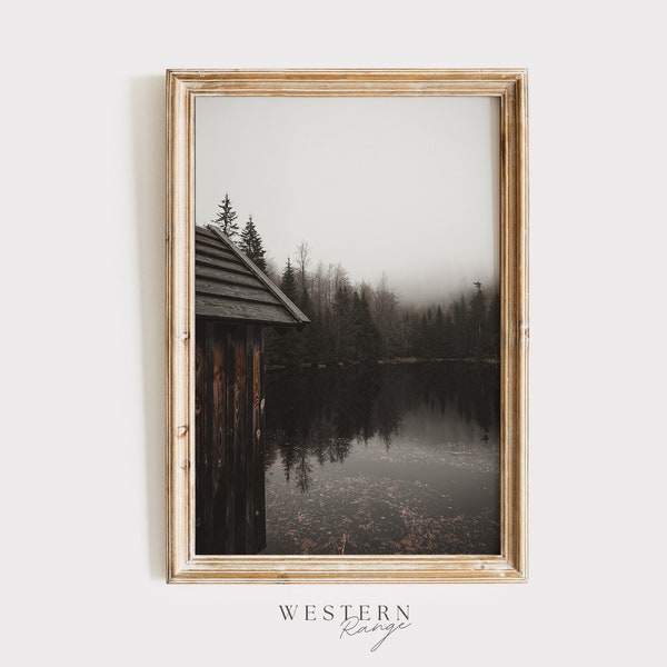 Old Cabin on Lake, Moody Lake Photo, Rustic Cabin Print, Forest Around Lake, Cabin Home Decor, Foggy Scenery Poster, Cabin Photography