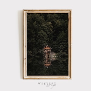 Hidden Cabin Wall Art, Forest Cabin Poster, Reflection in Lake, Lake House Decor, Rustic Photography, Log Cabin on Lake, Pine Forest Cabin