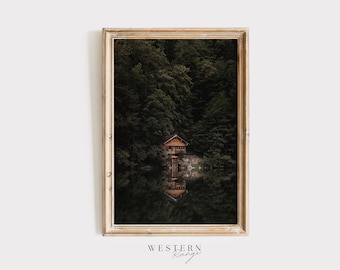 Hidden Cabin Wall Art, Forest Cabin Poster, Reflection in Lake, Lake House Decor, Rustic Photography, Log Cabin on Lake, Pine Forest Cabin