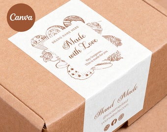 Dessert box label Template Canva | Order packaging Seal Sticker | Editable, Printable Bakery box template seal | Buscuit Snack Seal Design