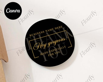 Luxus Danke Aufkleber Vorlage Canva | Bearbeitbarer runder Verpackungsaufkleber für kleine Unternehmen | Schwarzer moderner innerer runder Branding-Aufkleber
