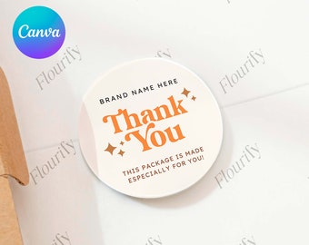 Retro Danke Sticker Vorlage Canva für kleine Unternehmen | Siegeletikett aus Seidenpapier | Groovy Danke Verpackung Sticker