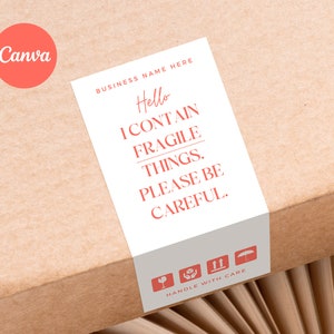 Fragile Label Template Canva | Handle with care sticker template | Editable, Printable Parcel Sticker | Shipping Label | fragile box label