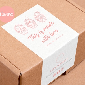 Modelo de adesivo de caixa de cupcake Canva | Etiqueta da caixa de embalagem do pedido de padaria | Etiqueta editável para caixa de bolo | Design de selo Buscuit Snack Mailerbox