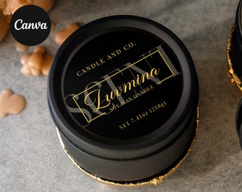May include: A black candle tin with a gold rim and a black lid. The lid features the text "CANDLE AND CO." and "Luvmina SOY WAX CANDLE". The net weight is 7.41 oz (210g).