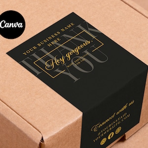 Modelo de etiqueta de caixa Canva | Encomendar embalagem Selo | Pacote editável e imprimível Obrigado | Design de selo de caixa postal | Etiqueta personalizada para caixa Kraft