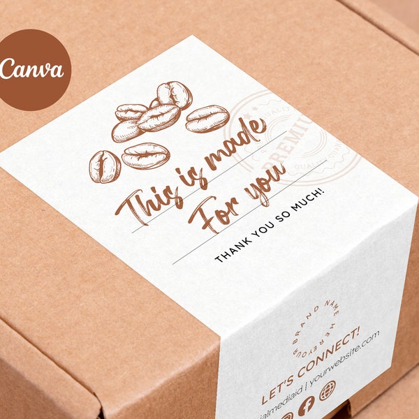 Coffee box label Template Canva | Order packaging Seal Sticker | Editable, Printable Parcel Custom Sticker | Roasted Coffee Mailerbox Seal