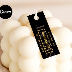 Luxus Kerze Tag Vorlage Canva | Skinny Black Candle Label-Anhänger | Schmale individuelle Tags für Kerze | Bearbeitbarer Punch Candle Tag