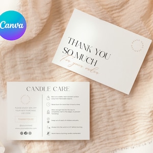 Modello moderno per la cura delle candele Canva / Grazie per le candele modificabile / Minimo, semplice / Schede di cura stampabili / Scheda di istruzioni