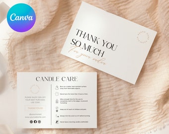 Modern Candle Care Card Template Canva | Editable Candle Thank you | Minimal, Simple | Printable care cards | Instruction card