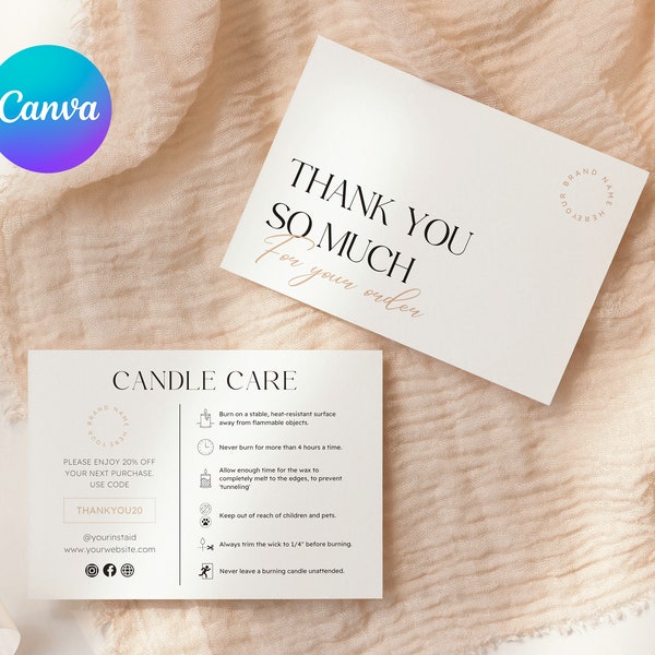 Modern Candle Care Card Template Canva | Editable Candle Thank you | Minimal, Simple | Printable care cards | Instruction card