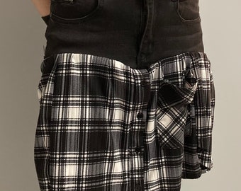 Upcycled Denim Skirt with Plaid Flannel