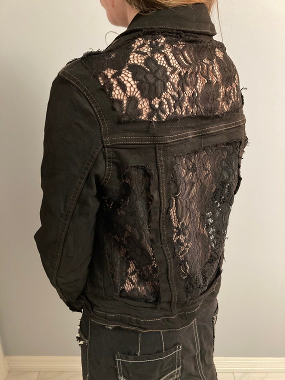 Black Denim Jacket With Lace Etsy