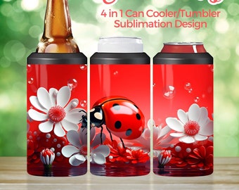 4 in 1 Can Cooler Tumbler Wrap, 3D Red Ladybug Sublimation Design, Instant Digital Download