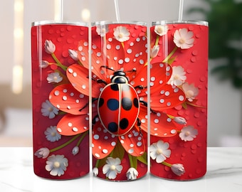 3D Red Ladybug 20 oz Skinny Tumbler Sublimation Design, Straight And Tapered Tumbler Wrap, Instant Digital Download PNG