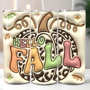 3D Hello Fall Inflated Tumbler Wrap PNG - 3D Puff Leopard Pumpkin 20oz Tumbler Sublimation - Skinny Tumbler Wrap - Instant Digital Download