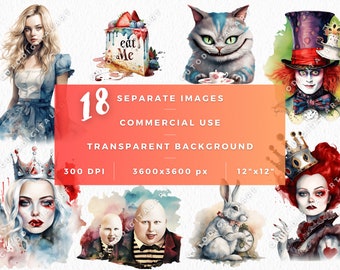 Alice in Wonderland Clipart Bundle, Alice Clip Art Watercolor, Magical Fantasy Clip Art, Commercial use PNG, Alice Adventures, Mad Hatter