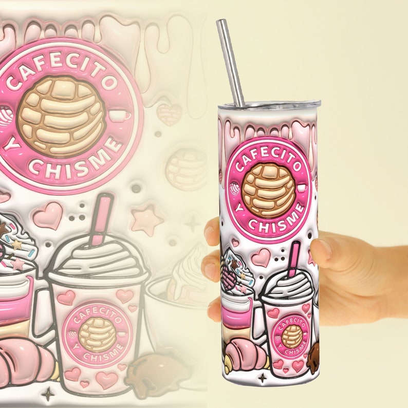 Puede incluir: Taza de acero inoxidable rosa y blanca con un dise&ntilde;o rosa y blanco que presenta un pastel y el texto "Cafecito y Chisme".