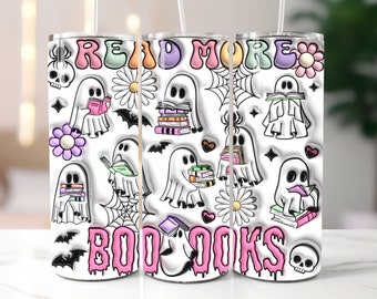 Opgeblazen boekenliefhebber Halloween Tumbler Wrap, 3D Puffy Spooky Teacher PNG, 20oz Tumbler-sublimatieontwerp, Ghost Book Nerd digitale download