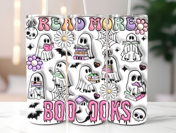 Inflated Book Lover Halloween Tumbler Wrap, 3D Puffy Spooky Teacher PNG, 20oz Tumbler Sublimation Design, Ghost Book Nerd Digital Download
