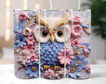 3D Blue Pink Owl Tumbler Wrap - Skinny Tumbler Wrap for 20oz Tumbler & 30oz Tumbler - Tumbler Wrap 3D - Sublimation Designs - 3D Tumbler PNG
