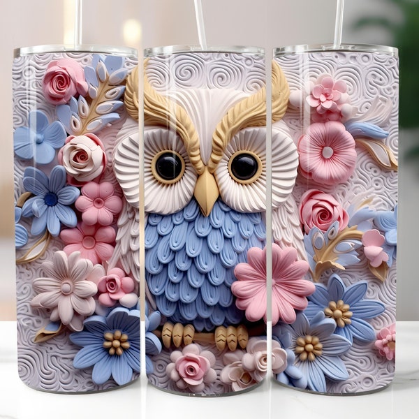 3D Blue Pink Owl Tumbler Wrap - Skinny Tumbler Wrap for 20oz Tumbler & 30oz Tumbler - Tumbler Wrap 3D - Sublimation Designs - 3D Tumbler PNG